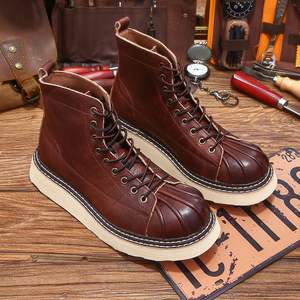 Bottes de luxe en cuir véritable pour hommes Bottes en cuir de vachette pur Couche supérieure en cuir de vachette Style Shell Head Bottes en cuir pour hommes à semelle épaisse - Product Image 1