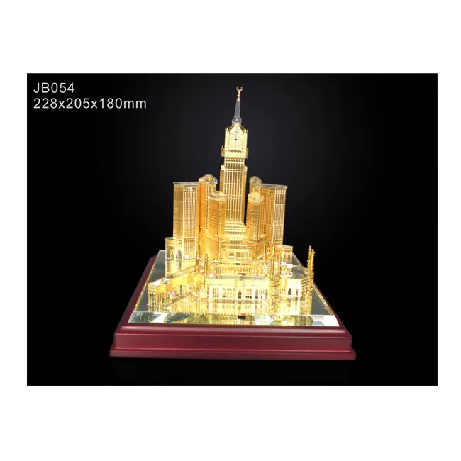 Ahşap taban Makkah kraliyet saat kulesi ve cami seti kristal metal yapı modeli hatıra