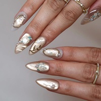 Faux ongles à presser en acrylique 3D gaufré, motif Papillon Rose Champagne, nacré nacré, forme amande, longs, pour séance photo de mariée