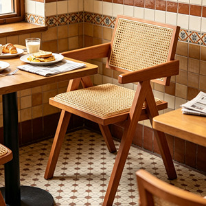 Nordic Retro Modern Farmhouse <b>Dining</b> <b>Chair</b> Solid Wood Woven Rattan Wicker Armchair for Cafe <b>Bistro</b> Restaurant and Home Use - Product Image 2