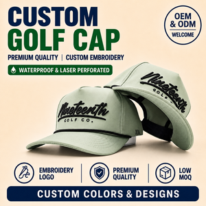 Casquette de golf imperméable à 5 panneaux, production rapide, logo brodé personnalisé, faible MOQ, équipement de performance avec ventilation optimisée, fabrication OEM - Product Image 1
