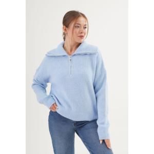 Pulls en tricot Thessaloniki à col zippé pour femme, bleu ciel, manches longues, décontractés, anti-boulochage, 16 Gg, vente en gros - Product Image 5