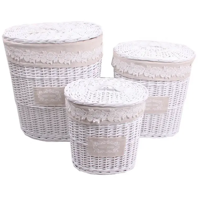 Hand woven oval large eco-friendly rattan willow products baby clothes wicker laundry basket with handles set of 3