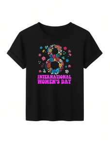 T-shirt elegante da donna girocollo a maniche corte con stampa floreale per la Giornata Internazionale della Donna, top primavera estate autunno vestibilità regolare - Product Image 1