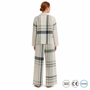Ensemble haut à col polo et demi-fermeture en lin mélangé à rayures écossaises 160 GSM + pantalon large pour femme, style Highland, OEM XS-5XL - Product Image 3