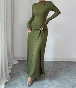 Vestido de punto elástico de manga larga con bloques de color para mujer, corte regular, largo hasta el suelo, ecológico, cintura imperio, silueta lápiz, para otoño - Product Image 5