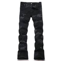 Jean long décontracté pour homme, coupe slim, vintage, noir délavé, évasé, avec patch brodé motif esquisse blanche sur toute la surface, effet usé