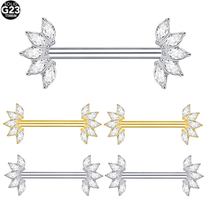 Piercings de mamelon filetés intérieurement en titane ASTM F136 Barbell de mamelon 14G avec 5 extrémités de ventilateur orientées vers l'avant Marquise CZ - Product Image 2