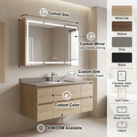 Ensemble de meuble-lavabo de salle de bain avec miroir LED, armoire en chêne blanc, lavabo en céramique, 2 tiroirs, porte latérale, pieds chromés, style scandinave moderne