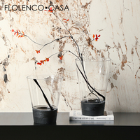 Vase à fleurs en verre transparent en stock pour la décoration intérieure Vase en verre à base de bois décoratif de table d'intérieur