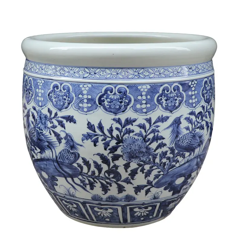 Pintado a mano Jingdezhen azul y blanco Phoenix patrón boca redonda al aire libre cerámica gran maceta Jingdezhen cerámica
