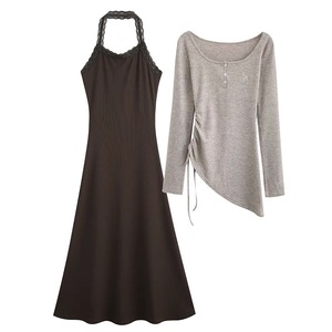 Ensemble deux pièces pour femme : Robe en maille à col licou avec bordure en dentelle et haut à manches longues asymétrique, coupe ample et respirante, idéal printemps-automne - Product Image 1