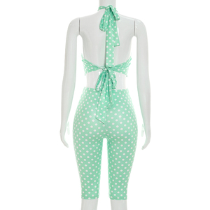 Viviblook Q26ST092 Conjunto de 2 piezas de pantalones cortos con estampado de lunares y top sin mangas con cuello halter y espalda descubierta para mujer - Product Image 5
