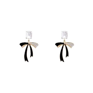 Bow Crystal Drop <b>Earrings</b> <b>Black</b> And White 925 Silver <b>Studs</b> For Women Gift Jewelry Elegant Fashion Accessory - Product Image 5