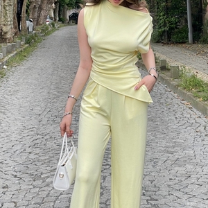 Custom Women's Short Sleeve Blouse and Pants <strong>Set</strong> Elegant Casual Square Neck Contrast Stitch Sleepwear <strong>White</strong> Summer <strong>2</strong> <strong>Piece</strong> <strong>Set</strong> - Product Image 3
