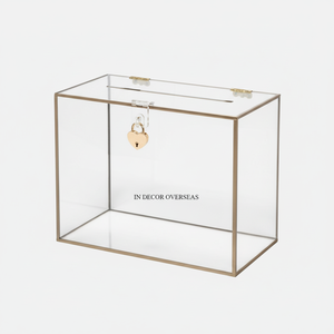 Boîte d'invitation de mariage encadrée en acrylique et métal doré de qualité supérieure de concepteur de fantaisie standard avec de petites fournitures de serrure en forme de coeur - Product Image 1