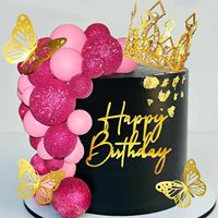 Lot de décorations de gâteau réutilisables en forme de boule à paillettes rose vif, avec papillon doré et diadème, pour fête d'anniversaire de princesse pour filles