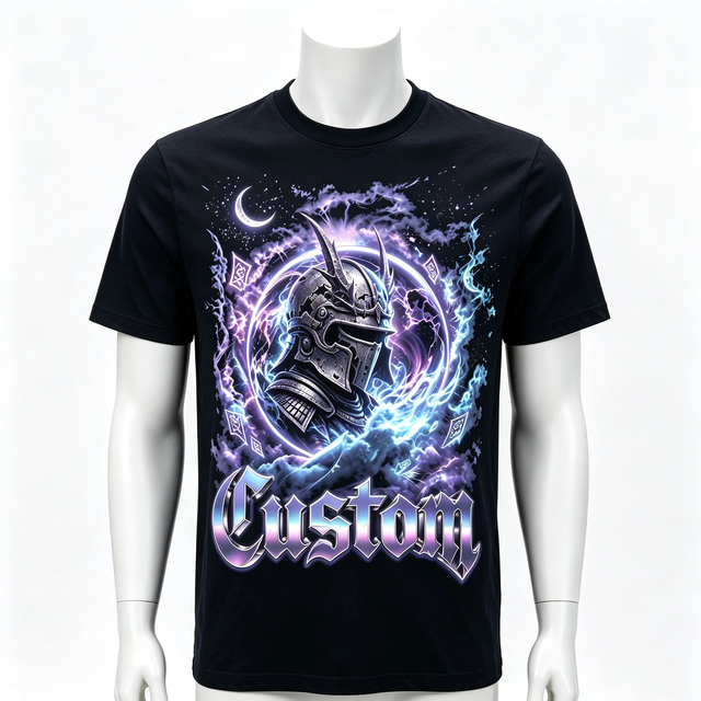 Dark Fantasy Medieval Knight Graphic Tee 100% Cotton for Blue Lightning Crescent Warrior T-shirt Gothic Magic Cloud