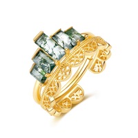 Ensemble de bagues de mariage L&B en argent sterling S925 plaqué or avec agate mousse pour femme, coupe rectangulaire, empilable, motif dentelle