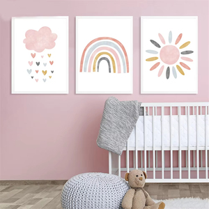 Stampa su Tela per Bambini con <span class=keywords><strong>Nuvole</strong></span> Rosa, Sole e Arcobaleno, Arte Murale per Cameretta, Poster Nordico per Decorazione Stanza dei Bambini - Product Image 3