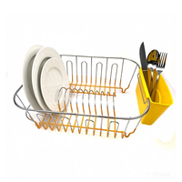 Égouttoir à vaisselle en métal électroplaqué pour comptoir de cuisine avec porte-ustensiles jaune et plateau de drainage