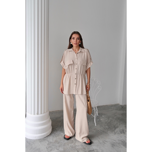 Set <span class=keywords><strong>Camicia</strong></span> <span class=keywords><strong>e</strong></span> Pantaloni in Lino <span class=keywords><strong>Beige</strong></span> con Coulisse in Vita per Donna Taglia S - Product Image 3