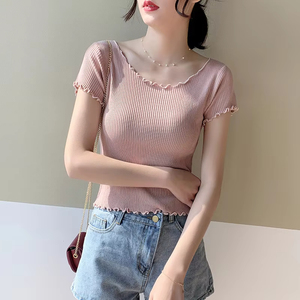 เสื้อยืดแขนสั้นผู้หญิงแฟชั่นใหม่ฤดูร้อนเสื้อคอกลมทรงหลวมน่ารักพร้อมขอบหยักถักสีพื้น - Product Image 1