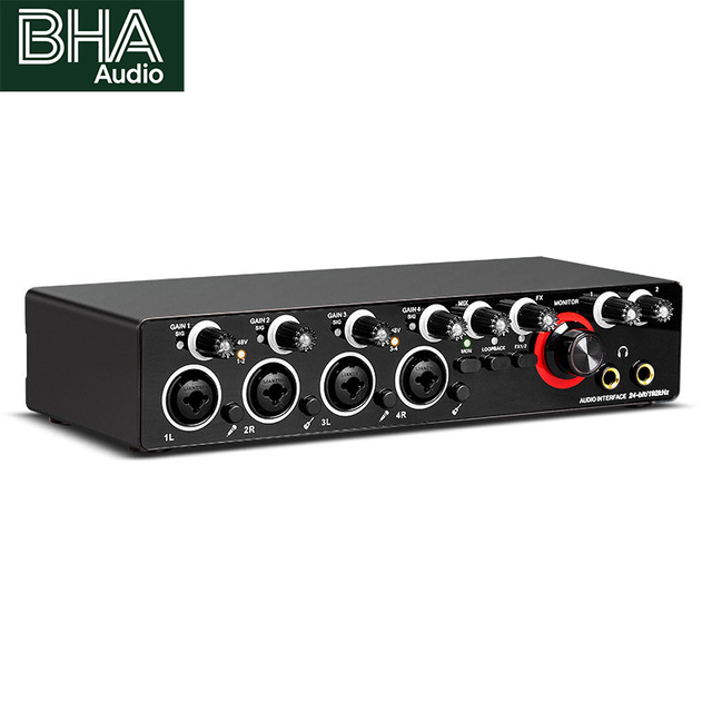 BHA MD44 Studio Recording Microphone USB External 48V 24Bit 192KHz Audio Interface 4 Input Output Sound Card Mixer Wholesale OEM