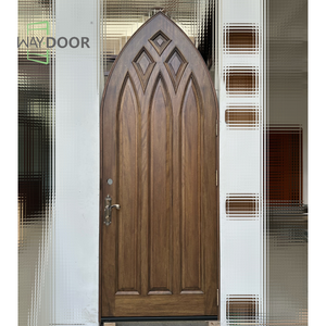 Customized Gothic Design Oak Mahogany Finished Wooden Double Door with Decorative Lines Pointed Arched Solid Wood Exterior Doors - Product Image 4