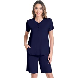 Custom Women's Bamboo Viscose <b>Pajama</b> <b>Set</b> Short Sleeve Crew Neck Sleepwear Soft Top And Shorts Casual Nightwear For Women - Product Image 1