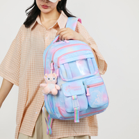 Mochila Escolar para Niñas 2026, con Abertura Tipo Refrigerador, Impermeable, Degradado Rosa, Kawaii, con Colgante de Peluche