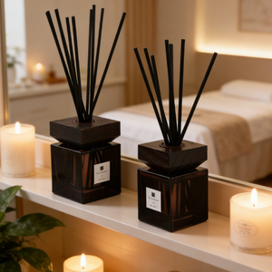Ensemble diffuseur de <span class=keywords><strong>parfum</strong></span> <span class=keywords><strong>d</strong></span>'<span class=keywords><strong>ambiance</strong></span> haut de gamme avec bouteille en verre et couvercle en bois, personnalisable, pour huiles essentielles et parfums. - Product Image 2