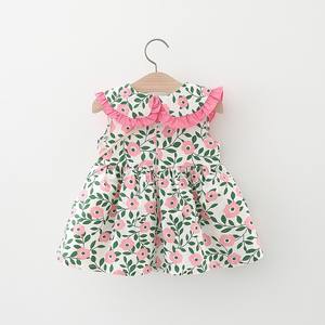 Vente en gros de vêtements d'été pour bébés 1465 Robe florale pour filles avec col en O décoration en dentelle et panier en bambou sac à bandoulière - Product Image 5