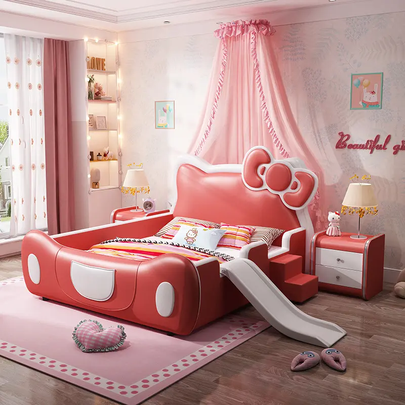 Tempat Tidur Anak Perempuan Kulit Merah Multifungsi, Tempat Tidur Bayi Kecil dengan Seluncuran dan Tangga Tempat Tidur Kayu Kuat dengan Pagar Pengaman