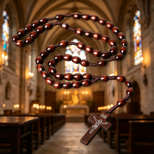 Cuentas de diseño económicas, perlas naturales blancas, madera de ébano para boda, con caja de madera y medalla para rosario católico - Product Image 2