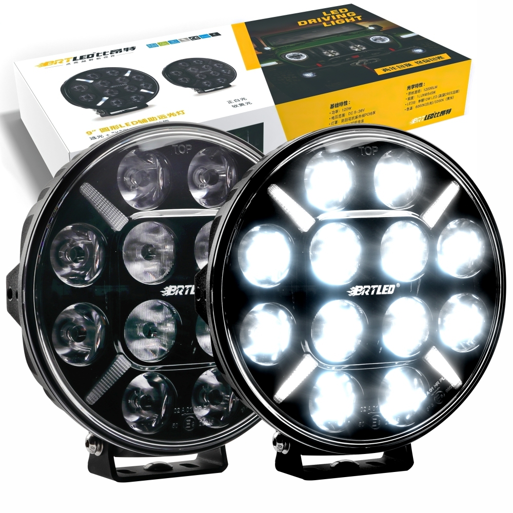 New BRTLED 9 Inch 12V/24V 120W LED DRL Work Light IP68 Waterproof 12000 Lumens Dual Beam Super Thin for 4x4 Offroad Vehicles