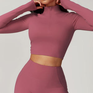 MIQI Sleeve Crop Top Keine Front naht Leichte Fahrrads horts für Damen Set Zweiteilige Yoga-Sets mit langem Reiß verschluss und langem Spandex/Nylon für Erwachsene - Product Image 4