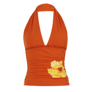 Top de punto transpirable estilo resort, corte ajustado, cuello en V, color liso, para mujer - Product Image 6