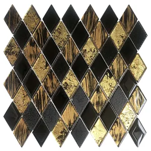 Glass Tiles Factory Modern Design Black And Gold Rhombus Diamond Shape Glass Mosaic Tiles For Residential Hotel Restaurant Wall Backsplash