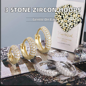 Fine Jewelry Rhodium Plated Trendy 3 Stone Zircon Hoop <b>Huggie</b> Earrings 925 <b>Sterling</b> <b>Silver</b> Hypoallergenic for Women - Product Image 2