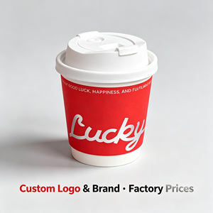 Tasses à café personnalisées en argent avec inscription porte-bonheur rouge à double paroi et couvercles rabattables blancs pour boissons chaudes de café - Product Image 1