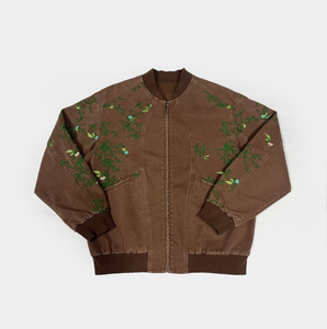 Blouson Bomber Vintage Marron pour Homme avec Broderie Florale, Délavé à l'Acide, Coupe Ample Oversize, Style Streetwear Décontracté Zippé - Product Image 1