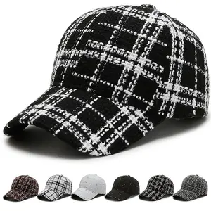 가을 겨울 야구 모자 여성 흑백 체크 트위드 모자 6 패널 모자 패션 여성 모자 레이디 스포츠 모자