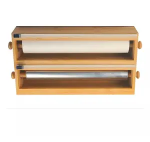 2 in 1 bamboo foil and plastic shrink wrap dispenser with cutter Aluminum Foil and Wax paper Dispenser