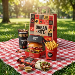 Colección de Envases Ecológicos para Comida Rápida, Hechos con Materiales Reciclados |   Cajas para Hamburguesas, Porta Papas Fritas, Fundas Protectoras de 2mm para Bebidas - Product Image 1