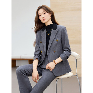 Women's Grey Wool Suit Set Double-Breasted Slim Fit Business Casual Workwear Office Lady Full Sleeve Anti-Wrinkle - Product Image 3