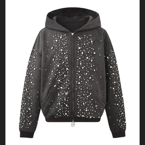 เสื้อฮู้ดดี้ประดับเพชรแบบสั่งทำได้ สไตล์สตรีทแวร์ ยูนิเซ็กส์ ทรงโอเวอร์ไซส์ ซิปหน้า ผ้าหนังกลับ ประดับเพชรและมุก เสื้อฮู้ดดี้ผู้ชาย - Product Image 2