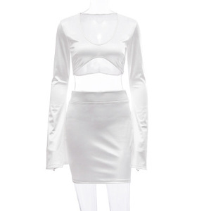 Conjunto a juego de 2 piezas de manga larga acampanada de satén para mujer, minifalda de cintura alta, ropa de fiesta, top y falda, traje de moda - Product Image 4