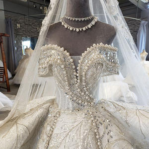 S1106F livraison directe nouvelle industrie lourde dentelle perlée grande queue sur mesure hors épaule grande taille robes de mariée robe de mariée - Product Image 4