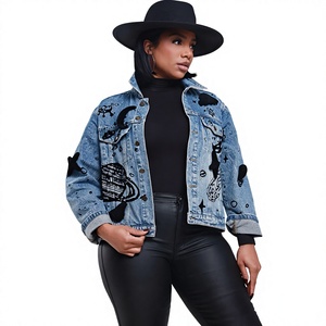 Women's Denim <b>Trucker</b> <b>Jacket</b> With Hand Drawn Print Turn-Down Collar Button Closure Autumn Casual Full Sleeve Regular Length - Product Image 1